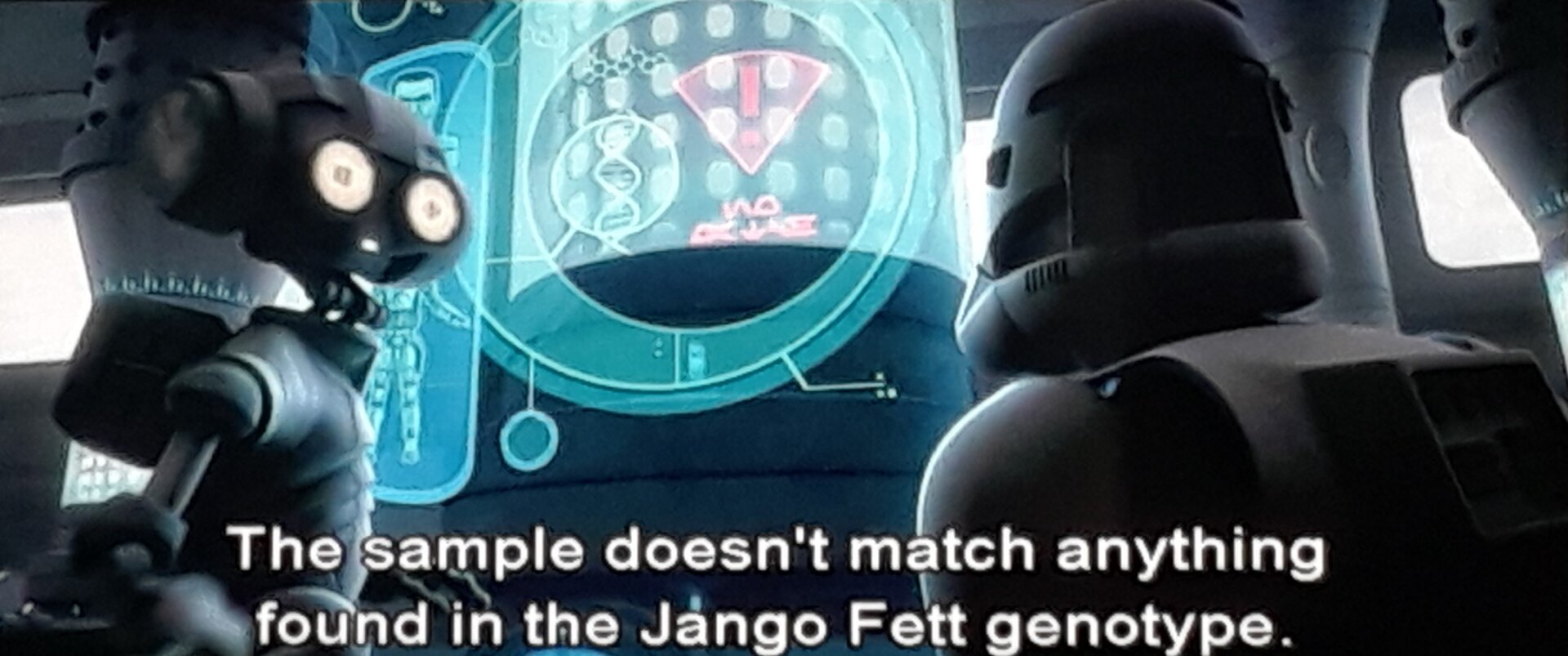 A robot speaks to another clone, telling him "The sample doesn't match anything found in the Jango Fett genotype."