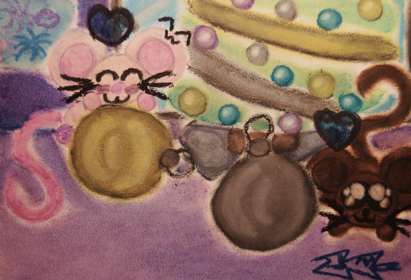An oil pastel drawing of a pair of pet mice playing with ball ornaments that fell on the floor as the tree is being trimmed. This was photographed with an EOS Rebel T3i with a Vivitar Series 1 19-35mm f3.5-4.5 FD-mount zoom lens mounted to it.