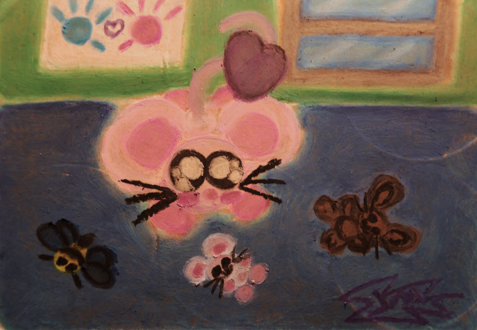 An oil pastel drawing of a white pet mouse playing on a desk surrounded by plushies; a bee plushie, a white mouse plushie, and a brown bunny plushie.

In the background is a handprint canvas.

This was shot through an EOS Rebel T3i with a Canon FD 35-70mm f4 zoom lens mounted to it.
