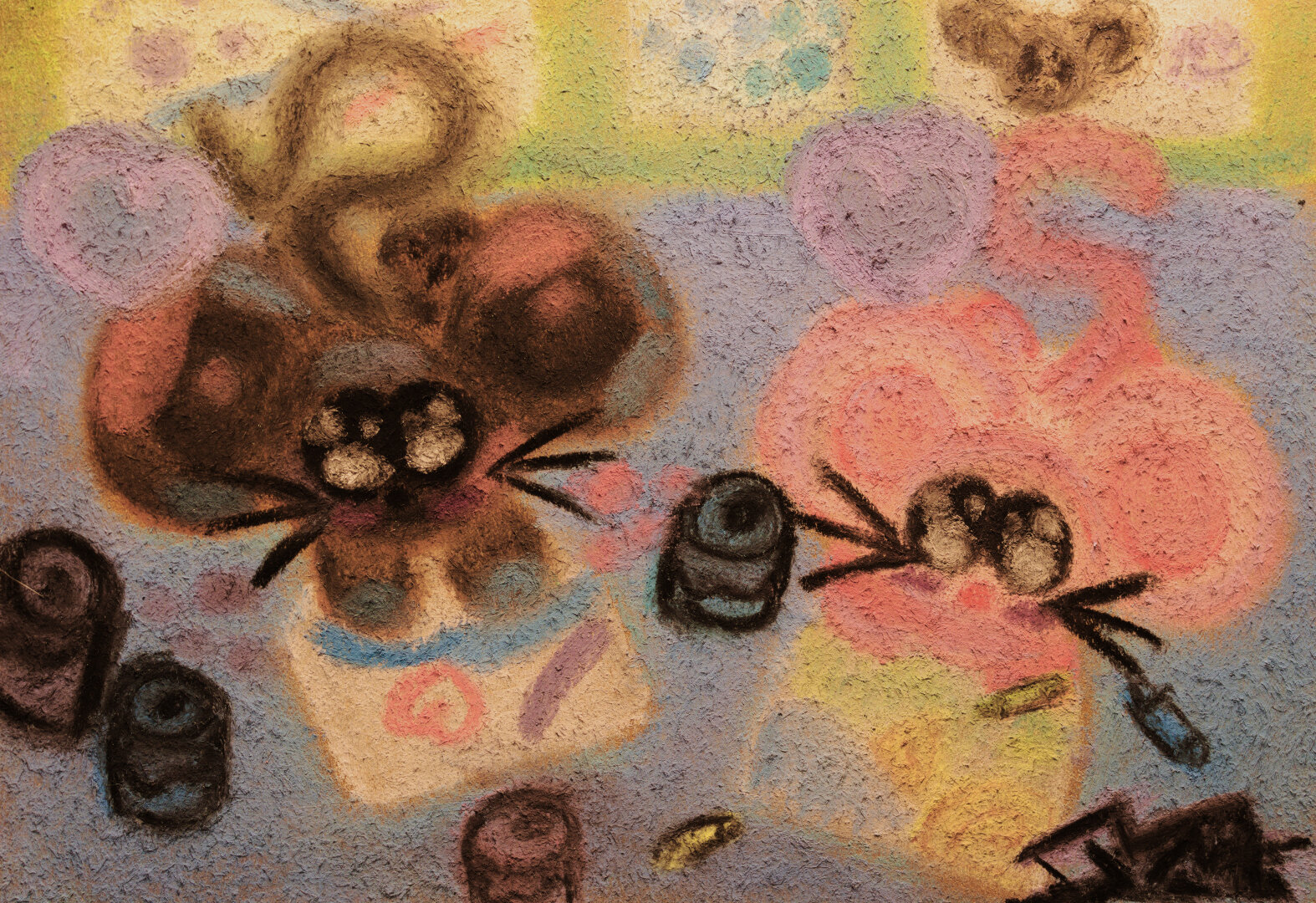 A chalk drawing of a pair of mice making art; the brown mouse is fingerpainting and is smudged with the paint colors he's using, and the white mouse is drawing a sunny field picture with crayons.

They're in a playroom with various other artwork on the wall.