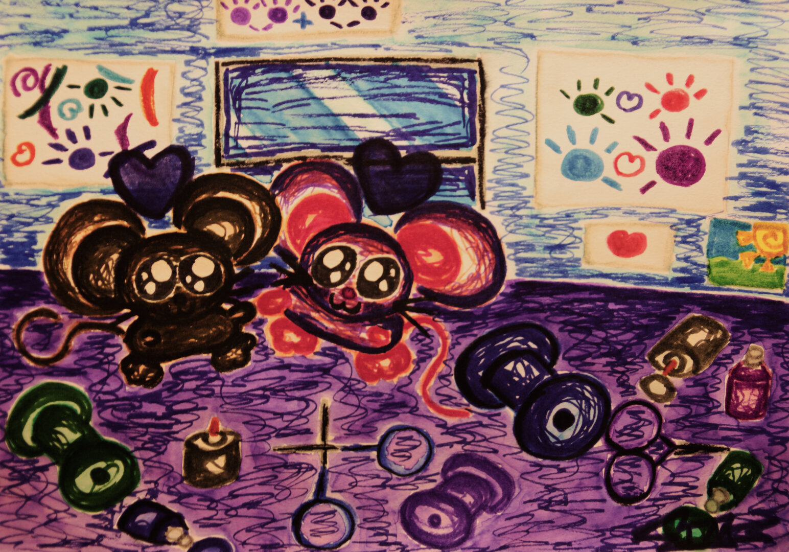 A marker drawing of a brown pet mouse and a white pet mouse holding paws on a desk with various art and craft supplies spread all over it during a family craft night with their caretakers. 

Among the supplies are a green, blue, and purple empty thread spool, red green, and blue bottles of paint, with the green and blue bottles spilling out on the desk, a two pairs of scissors, one open, and two bottles of glue, with one of them spilled out on the desk.

In the background are a pair of handprint canvases, a fingerpainting, a construction paper collage of a sunny day, and a heart canvas.

This was drawn entirely in Crayola markers and shot through an EOS Rebel T3i with a Canon FD 35-70mm f4 zoom lens mounted to it.