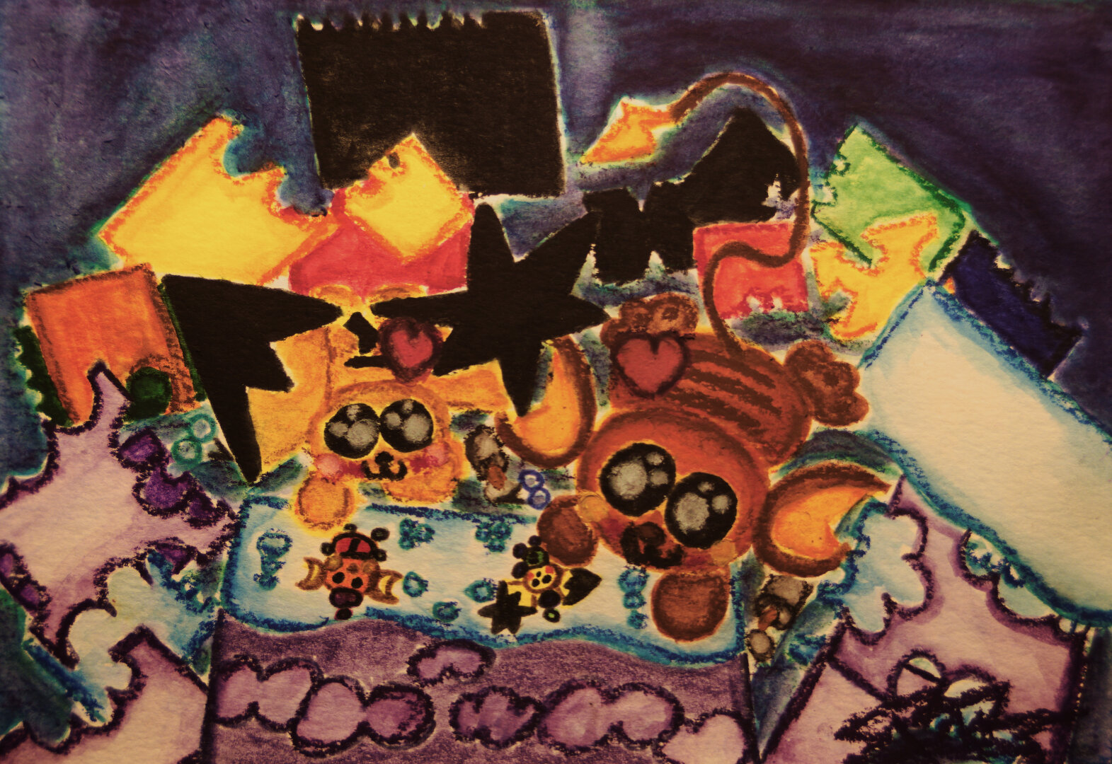 A marker and watercolor crayon drawing of Pichu and Raichu making a winter-themed collage collab featuring themselves engaged in a snowball fight in their playroom. They're surrounded by assorted colors of construction paper that have all had shapes cut out of them, and there's also two pairs of scissors and a couple bottles of glue next to them, both of them having been spilled out on the floor.

I also gave my new watercolor crayons a try for this one, in addition to my Crayola markers.

This was drawn with a combination of Crayola markers and watercolor crayons, and it was photographed with an EOS Rebel T3i with a Vivitar Series 1 19.35mm f3.5-4.5 FD-mount lens mounted to it.