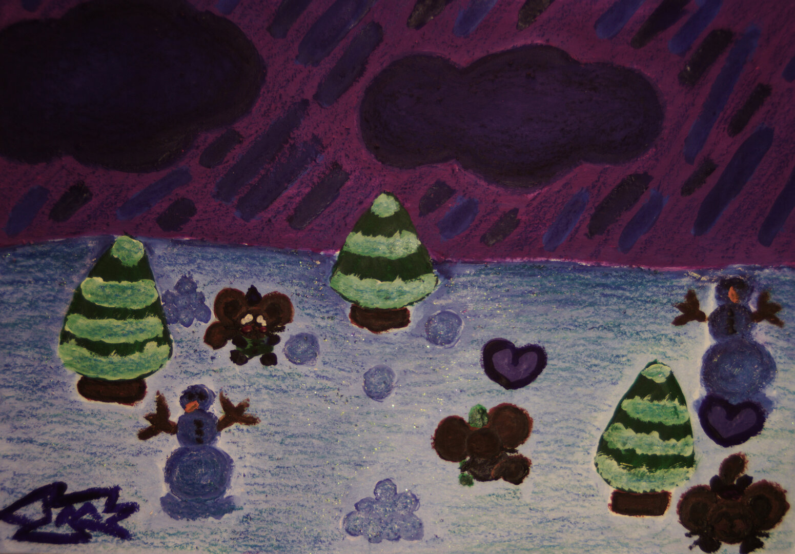 A mixed-media painting of a pair of squirrels engaged in a snowball fight with a third just chilling next to a tree. There are a couple snowmen in the scene too. This was painted with watercolor and then I layered crayons on top of that, including glitter crayons in attempt to simulate shimmer from sunlight reflecting on snow, and I went with a purple sky because I thought it was cuter than a gray sky. This was photographed through an EOS Rebel T3i with a Vivitar Series 1 19-35mm f3.5-4.5 FD-mount zoom lens and it had a Polachrome sim filter applied to it.