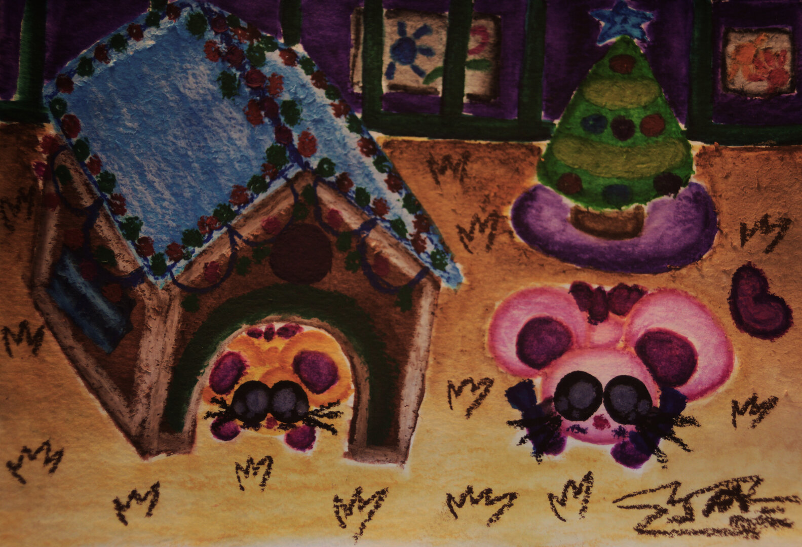 A marker and watercolor crayon drawing of Hamtaro and Bijou playing around a cardboard gingerbread playhouse.

This was drawn in Arteza brush pens and Crayola Signature watercolor crayons, and photographed through an EOS Rebel T3i with a Canon FD 35-70mm f4 zoom lens mounted to it.