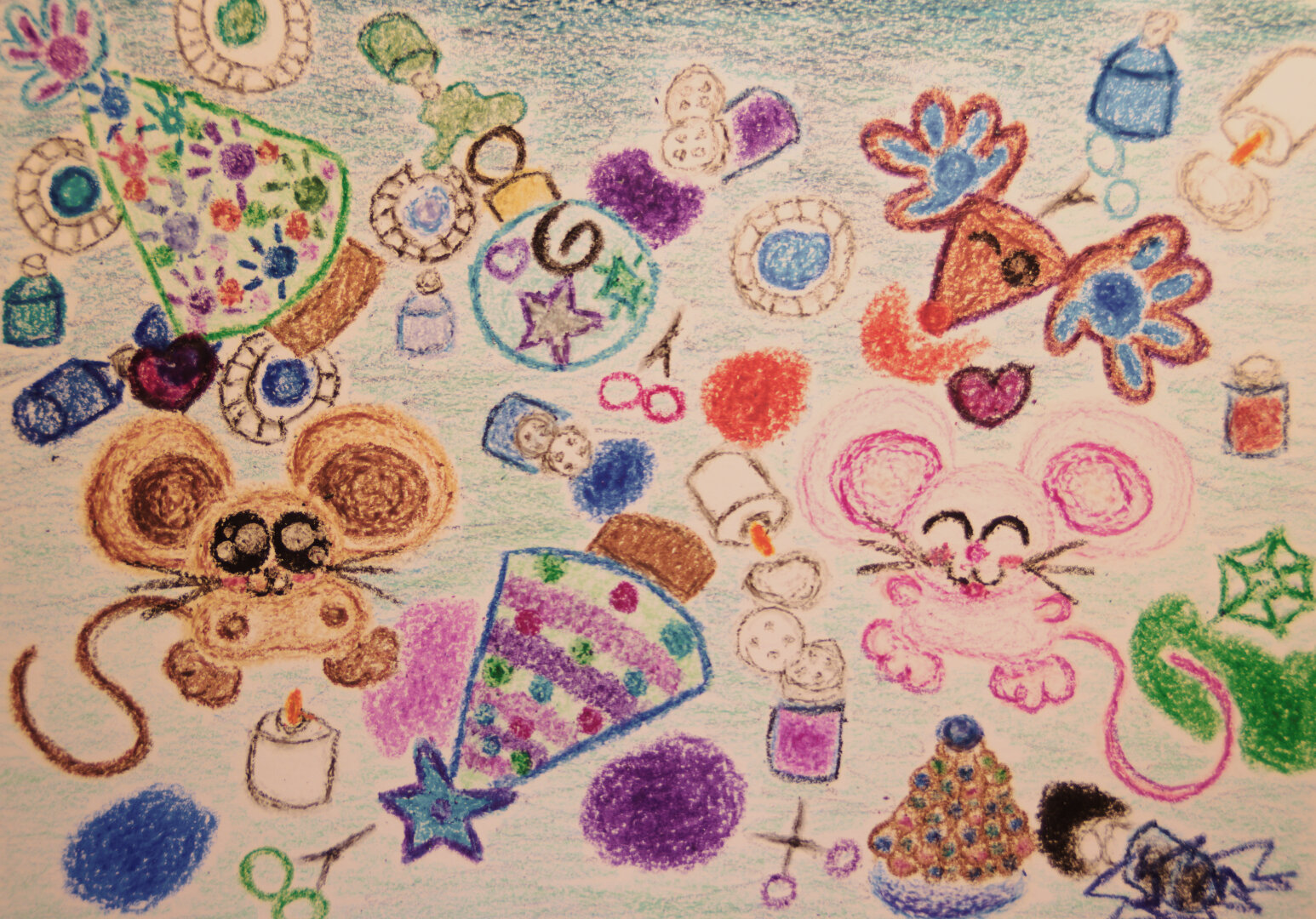 A crayon drawing of a pair of pet mice playing on a craft table during a holiday-themed craft night with their caretakers. Scattered across the table are various craft projects that kids did, ranging from a pair of paper tree decorations; one decorated with glitter for tinsel and ornaments, and the other decorated with handprints and glitter for ornaments, a paper circle ornament decorated with glitter, a paper reindeer with blue handprint antlers, and a pinecone tree, as well as various art supplies and random glitter spills.

This was photographed with an EOS Rebel T3i with a Vivitar Series 1 19-35mm f3.5-4.5 FD-mount zoom lens mounted to it.