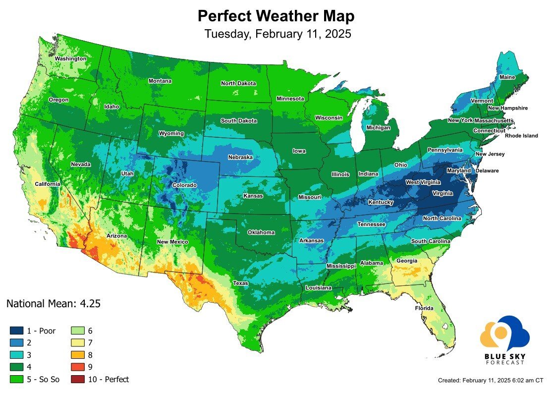 Map of the US showing weather ratings. Blue in mid-Atlantic, orange in the Southwest from worst to best.