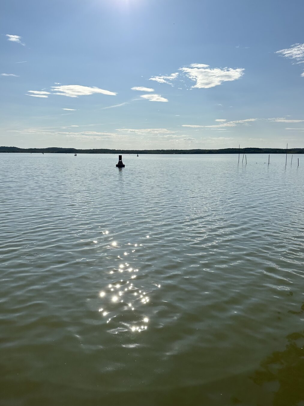 A view of a lake, you can see the sun right above it, and it's making the water sparkle. There are some small clouds on the otherwise blue sky. It looks very relaxing like a calm summer.