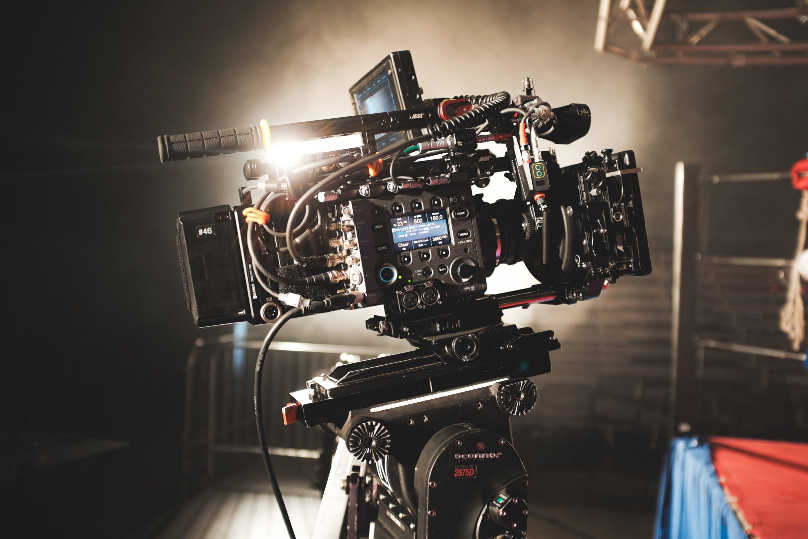 A built out Sony Venice camera with a circular highlight behind it. The light creating the circular highlight is also creating a dark vignette on the background of what the light isn’t hitting