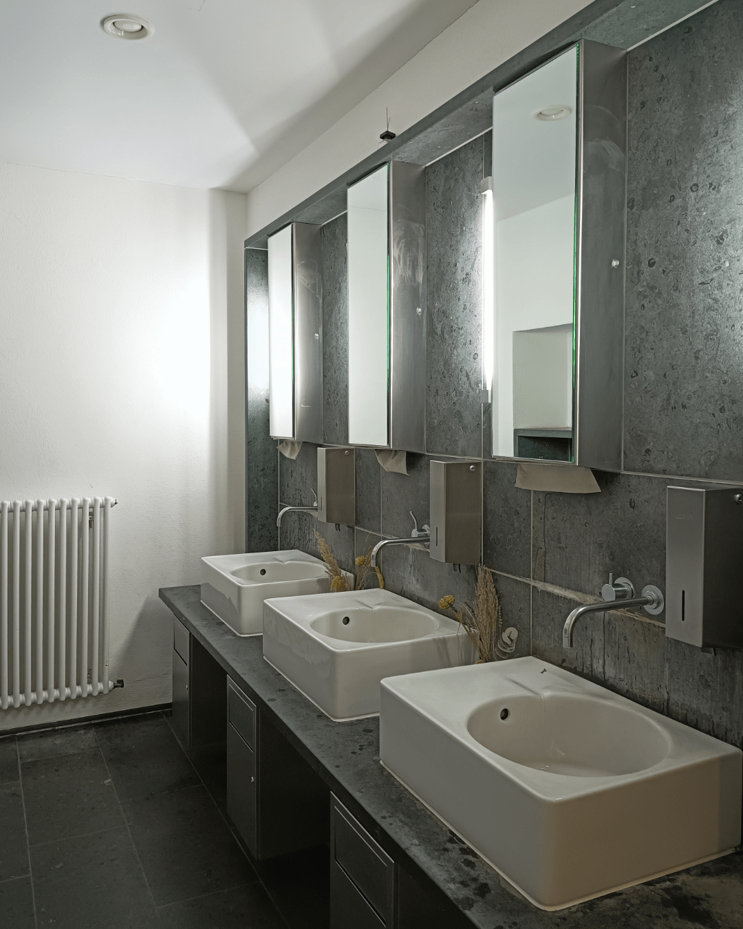 A row of four white sinks with chrome faucets in a public restroom. Above the sinks are mirrored cabinets and vertical lights. The wall is covered with dark green tiles, and a white radiator is visible on the left side. There are decorative dried plants next to the sinks.