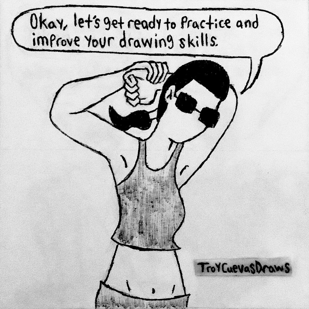 Nyoko Makino (the faceless reference model yokai) doing some arm stretches and says: “Okay, let’s get ready to practice and improve your drawing skills.”