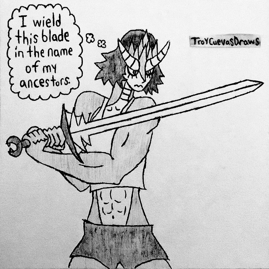 Augusta Linder (the lindworm shapeshifting troublemaker) holding her lindworm inspired longsword with a guard stance and thinks: “I wield this blade in he name of my ancestors.”