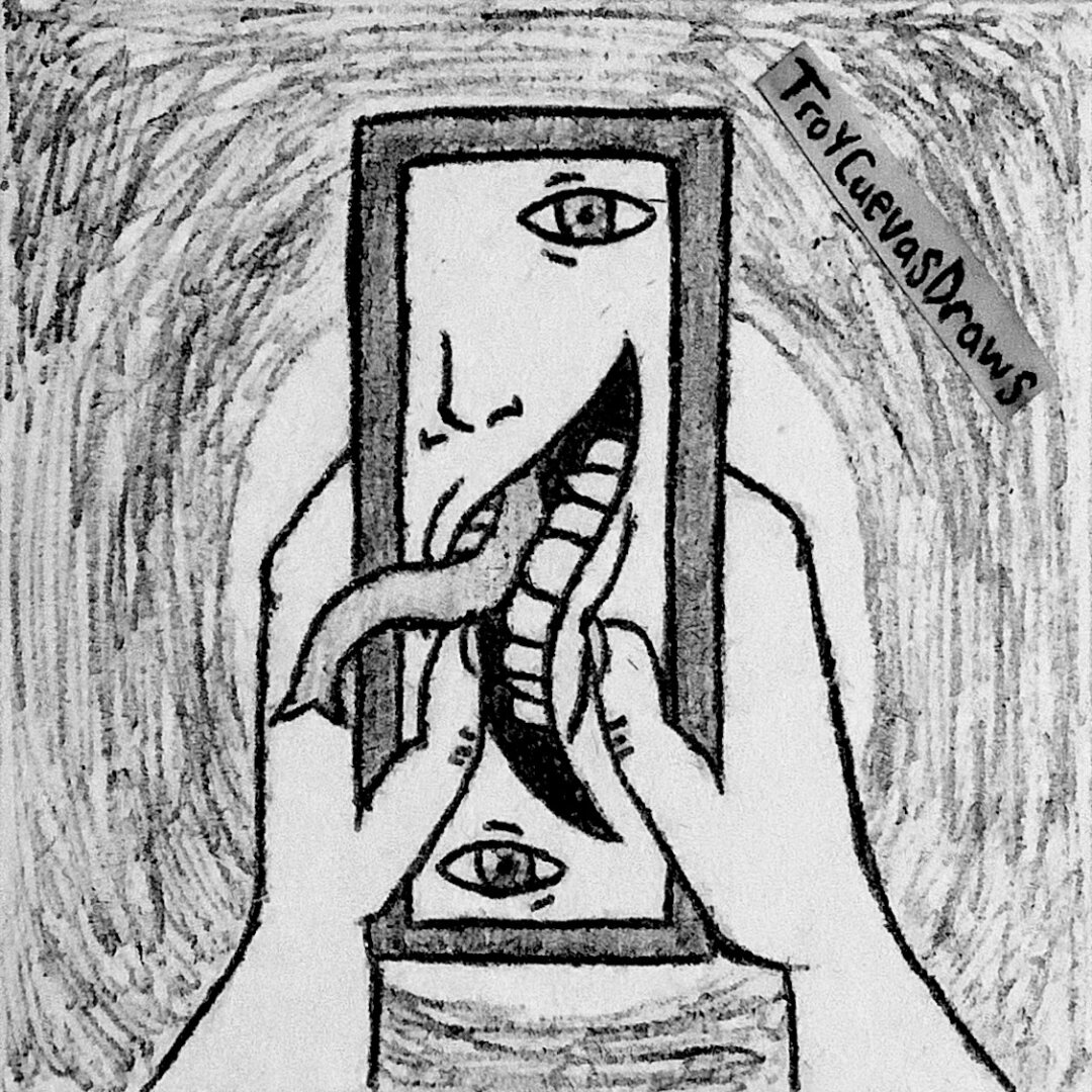 A drawing of hands holding a phone but a scrambled face appears on the screen and the tongue reaches out of the screen to taste the hands