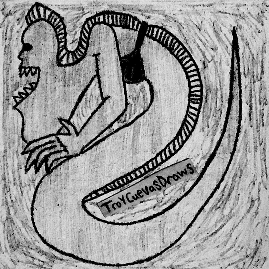 A drawing of a mermaid with the gaping mouth of a gulper eel