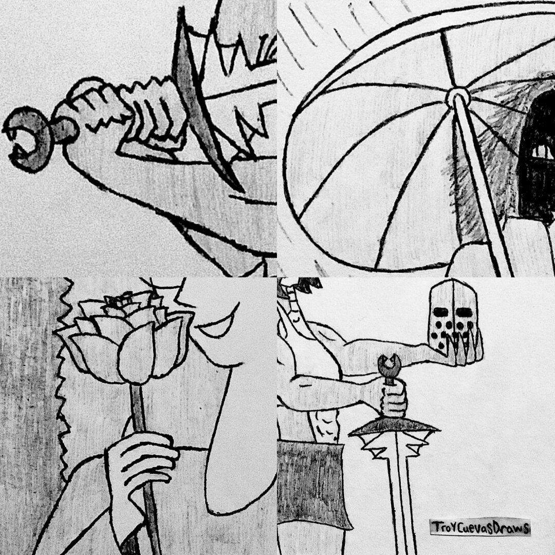 Zoomed in previews of my drawings with the following:

Upper left: a dragon themed hilt of a sword
Upper right: an umbrella
Lower left: a rose flower
Lower right: a knight’s helmet being held