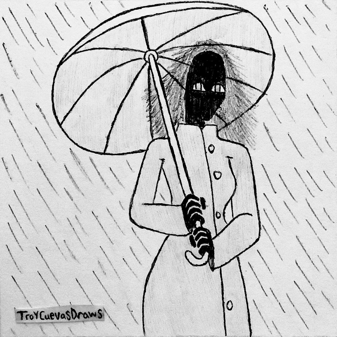 Octavia (the shadowy ghost girl/entity) wearing a raincoat and holding an umbrella as she goes for a walk in the rain.
