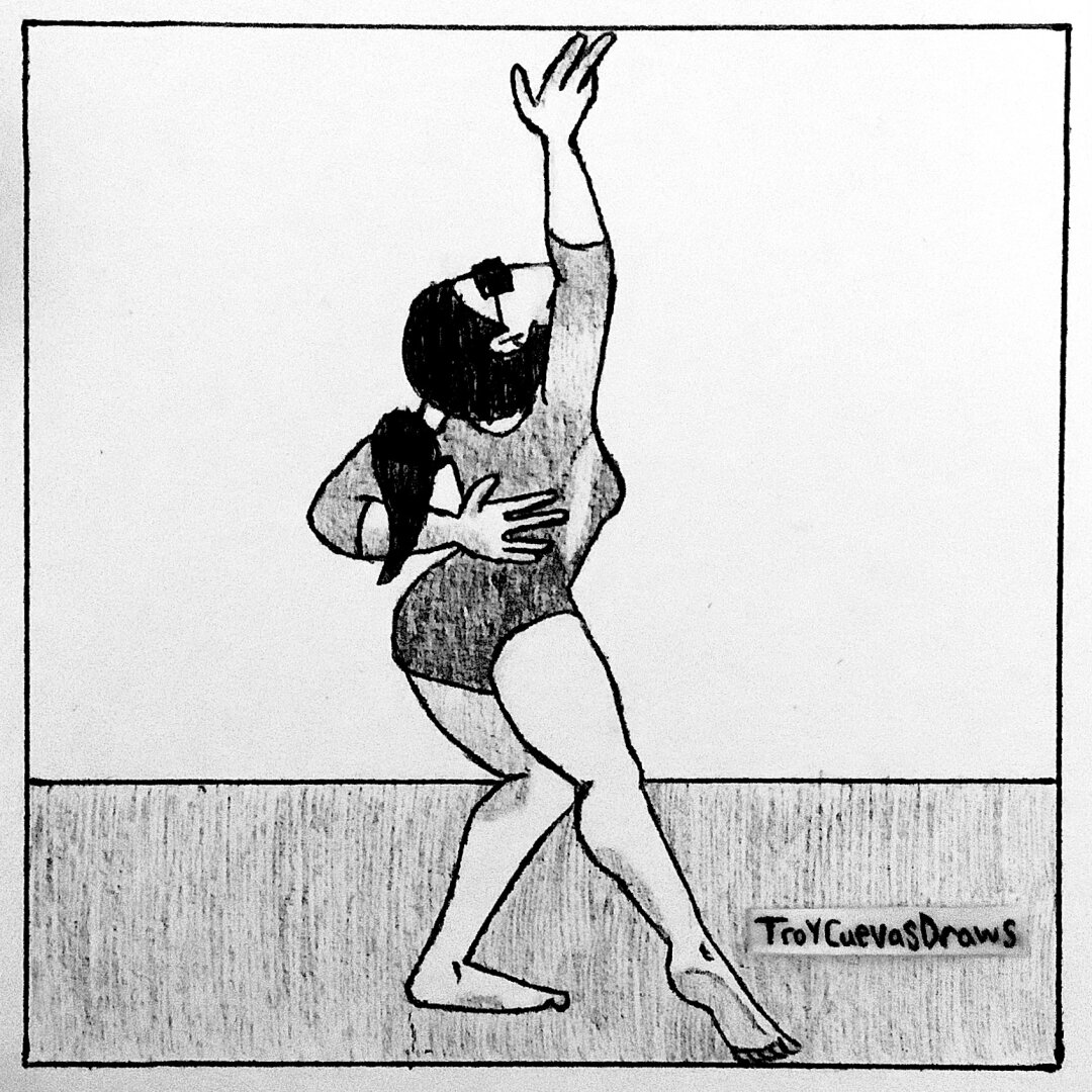 Nyoko Makino (the faceless reference model yokai) recreating the gymnastics pose from an art trade between @sweetpea-sky.bsky.social and I.