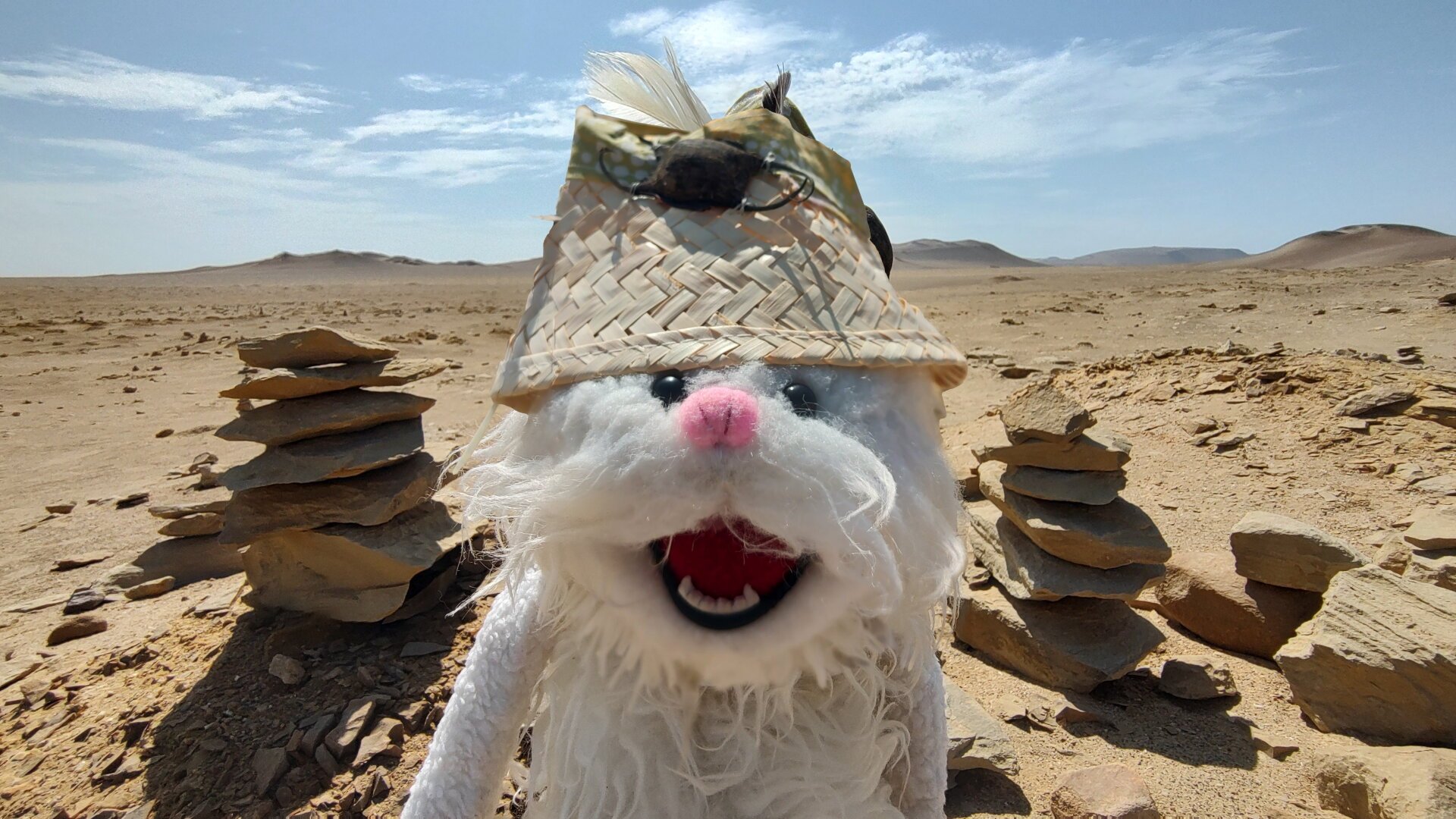 Adda, the small, white, fluffy creature stands in a dust-dry, ochre-coloured desert landscape. She is wearing a straw hat.
Directly behind her, a few flat stones are piled up to form little towers. In the distance, the flat sandy landscape merges into a few hills.