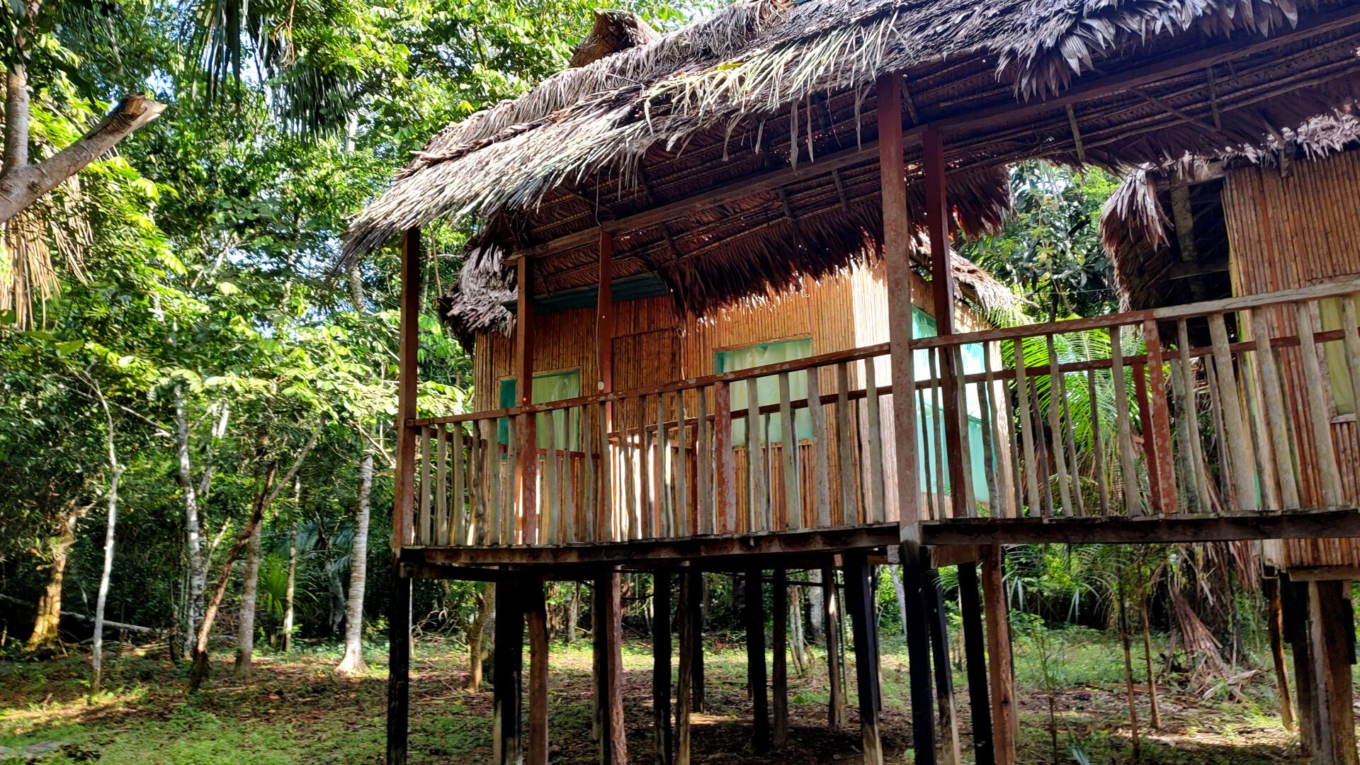 Another simple wooden hut, also on stilts. Instead of window glass, shimmering green mosquito nets are stretched in front of the windows.