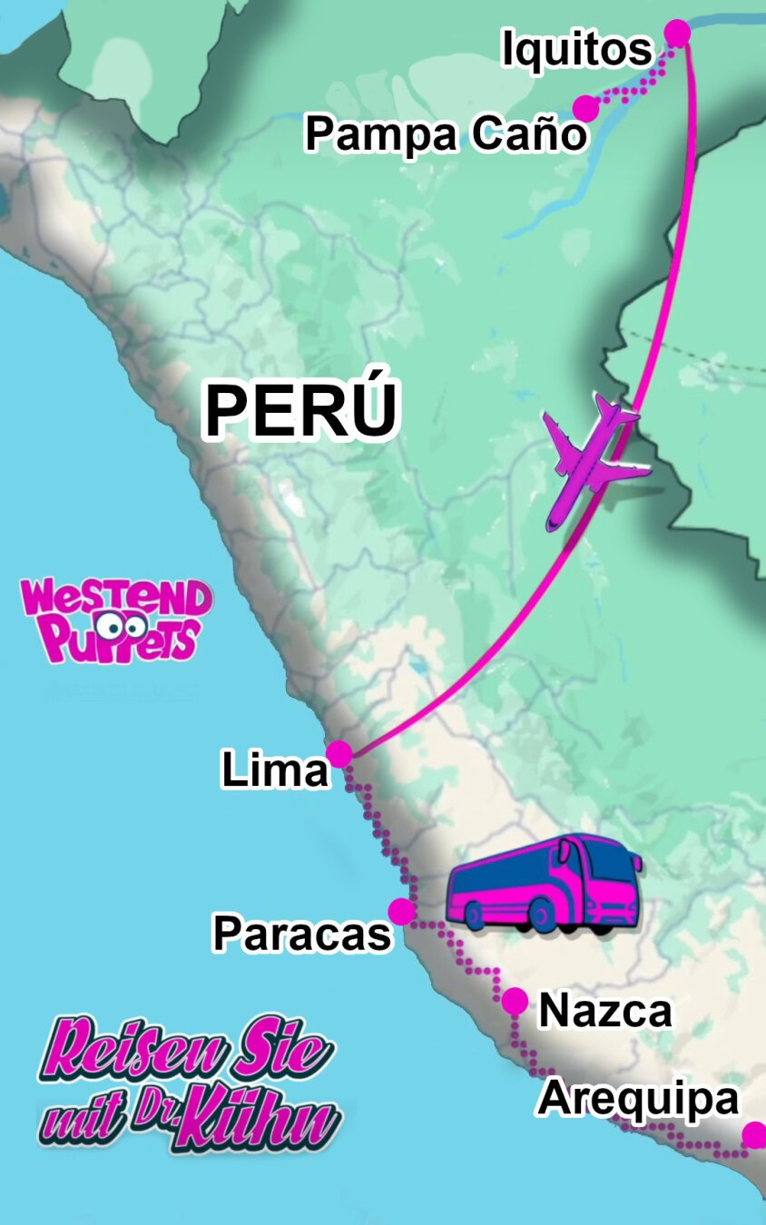 A section of a map of Peru. 
The towns of Iquitos and Pampa Caño are marked in the far north. A long, curved line connects the towns with the city of Lima. A stylised aircraft icon on the line makes it clear that this is a flight connection between the cities. 
From Lima, a dashed line runs south-eastwards near the coastline. The cities of Paracas, Nazca and Arequipa are marked. A stylised tour bus is depicted next to the dotted line.