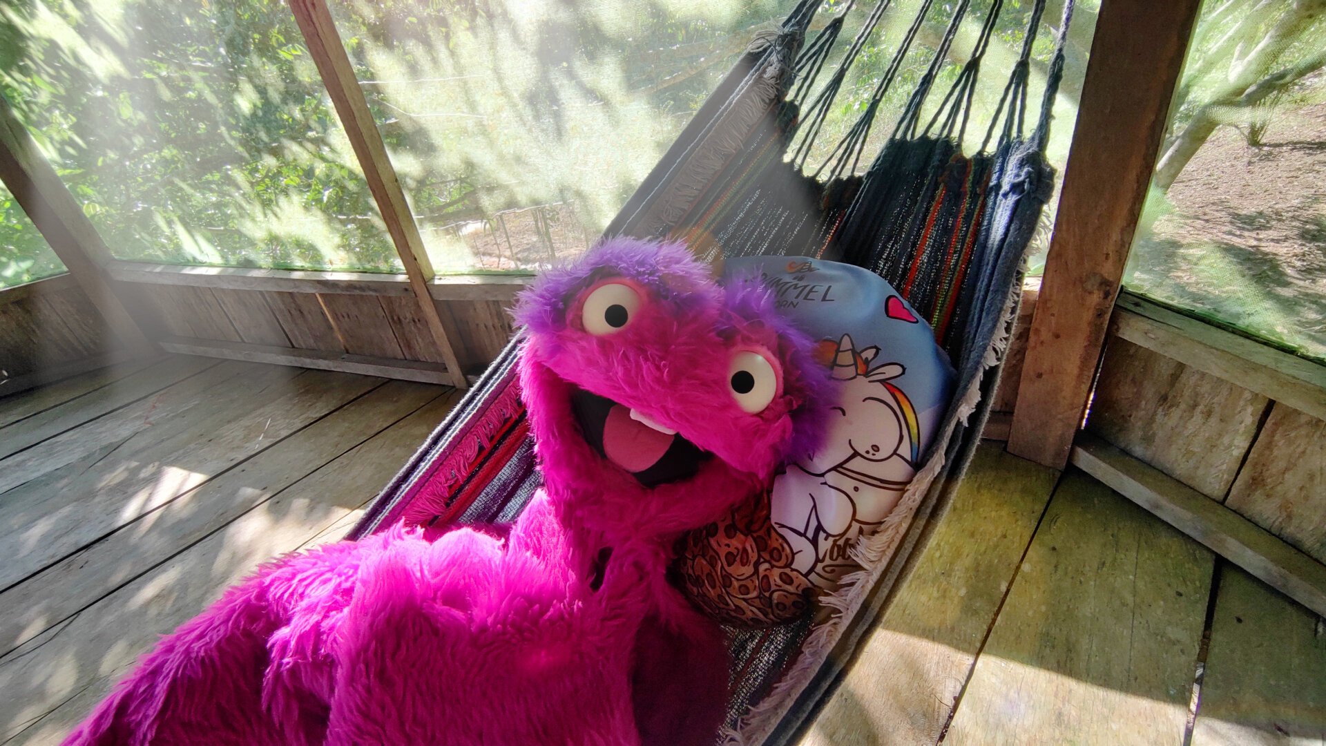 The inside of a sun-flooded, airy wooden cabin. Garstl, a friendly character with pink shaggy fur lies in a hammock and laughs into the camera.