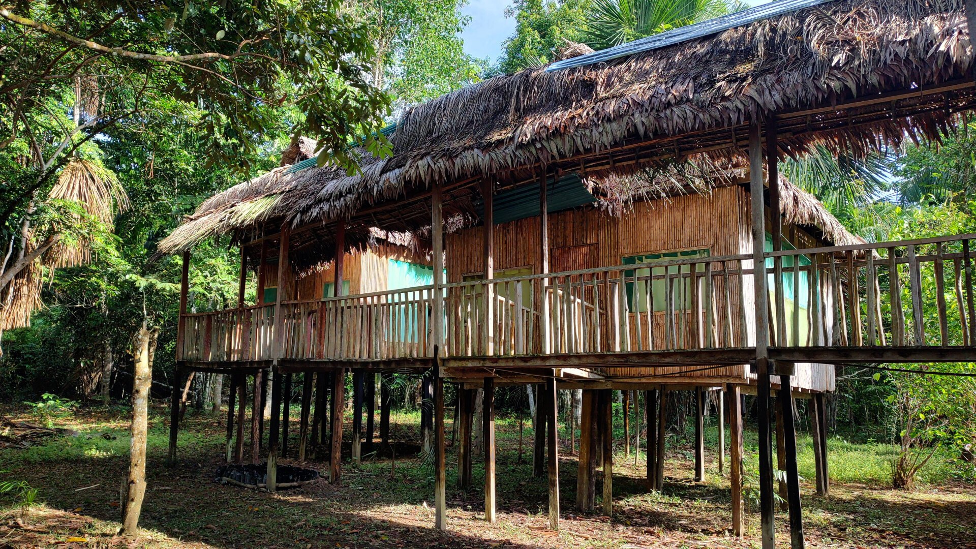 Part of the lodge seen from the outside. Two wooden cabins on stilts. In front of them is a palm leaf-covered, roofed footbridge connecting the two cabins.