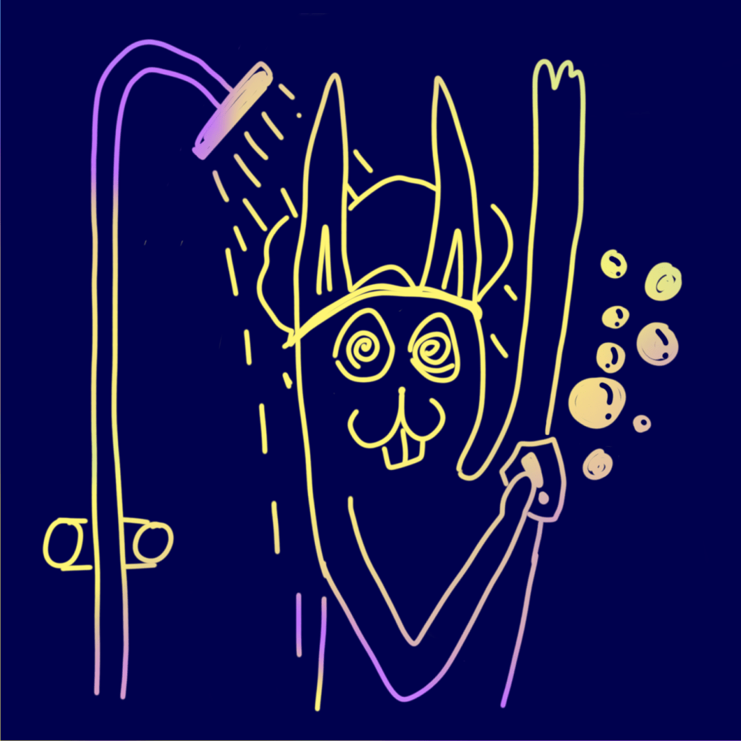 Ein Hase steht unter einer Dusche und wäscht sich mit einem Security Badge. Cyberhygiene.