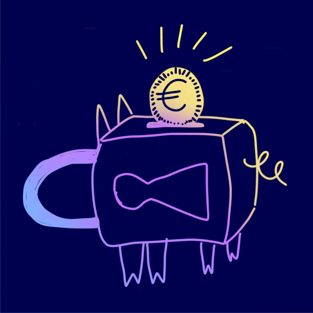 Ein umgedrehtes Vorhängeschloss hat Beine, Ohren, einen Ringelschwanz bekommen. Von oben steckt eine Euro-Münze im angedeuteten Rücken des Schlosses. Ein Vorhängeschloss-Sparschwein. Sicherheitsinvestition.