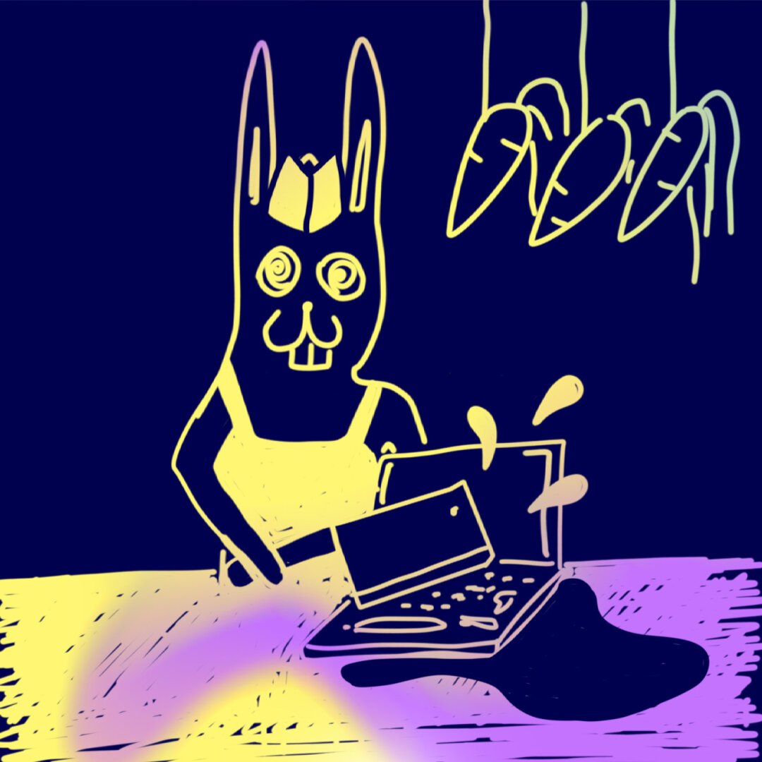 Sketch: Ein Hase, angezogen wie ein Metzger mit Haube und Schürze, mit einem Hackbeil und einem Laptop.