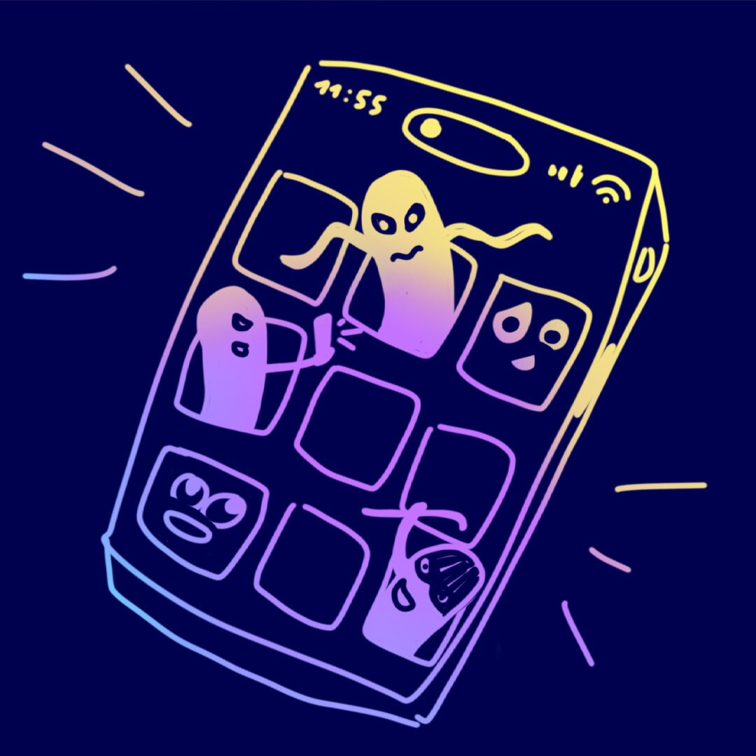 Sketch: Smartphone mit mehreren Apps, aus deren Symbolen Geister steigen