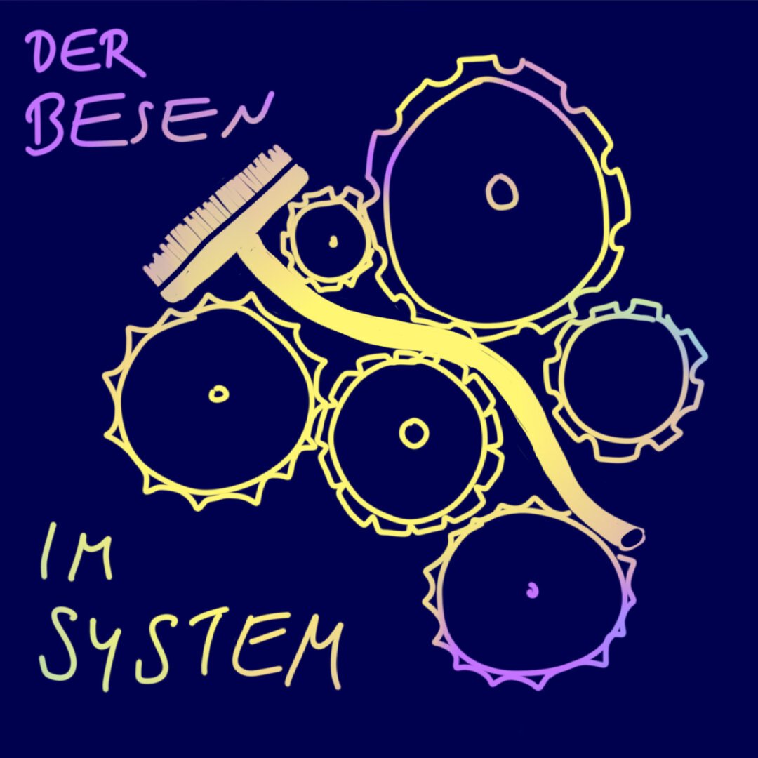 Sketch: Zahnräder, die ineinander greifen sollen. Ein Besen klemmt zwischen den Zahnrädern. Beschriftung: Der Besen im System.