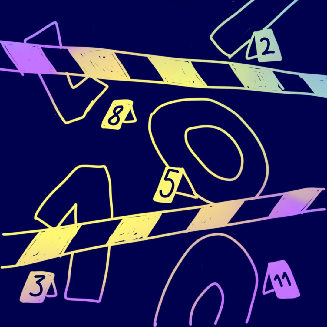 Sketch: abgesperrter Tatort, auf dem Nullen und Einsen zu sehen sind.