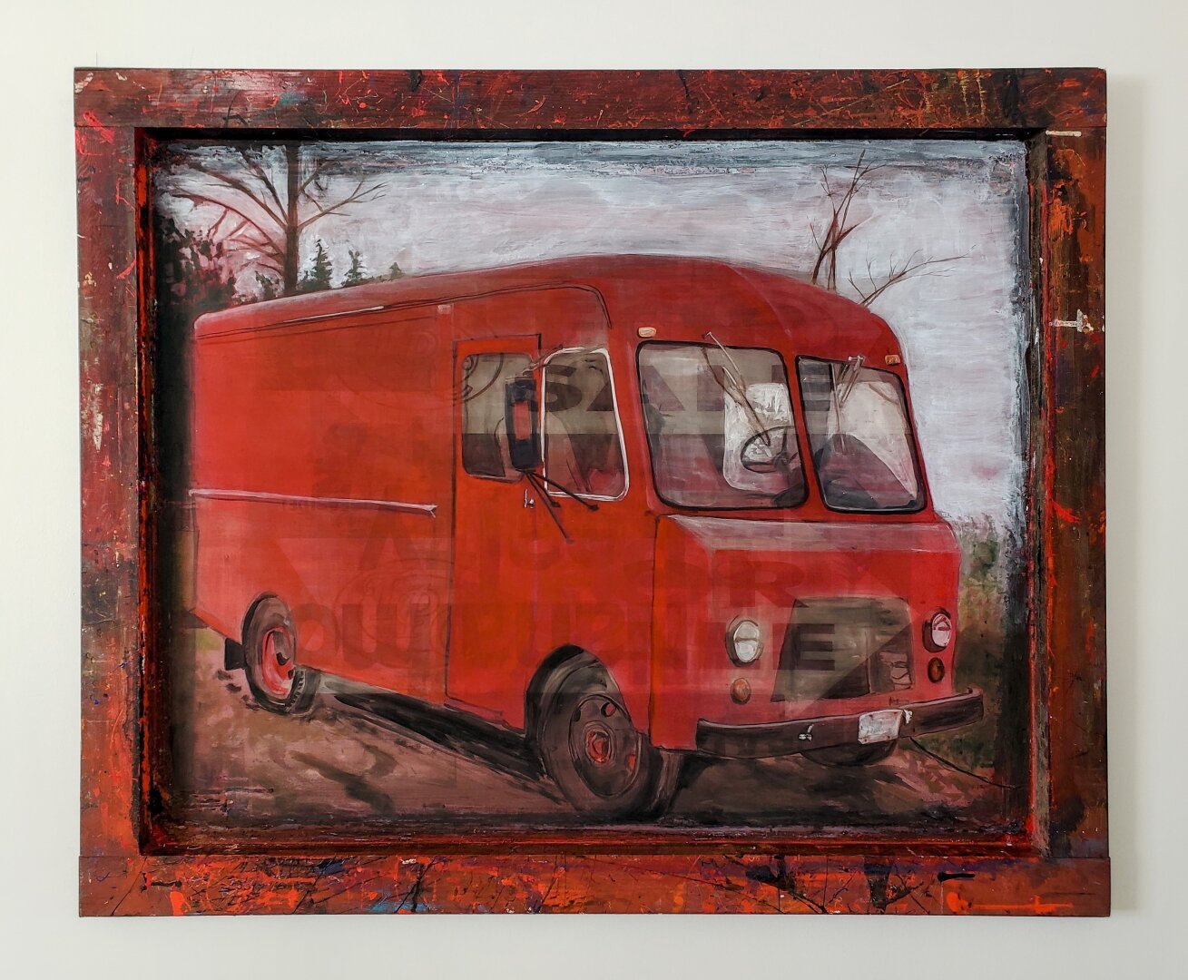 Acrylic painting by artist Leslie Love, of a red truck on a well-used silkscreen.