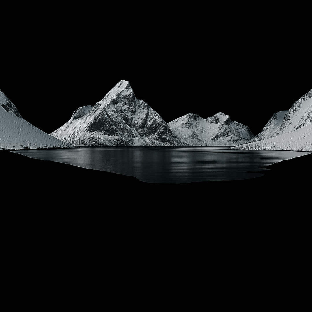 Snow-covered mountains can be seen on the horizon and a small section of the sea lies calmly below. A large part of the image has been fragmented and the deleted areas are black.