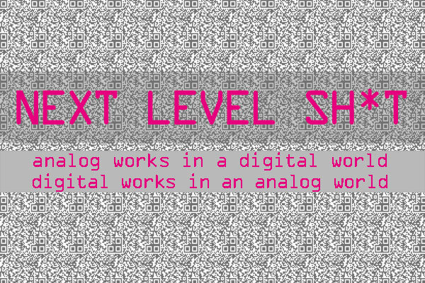 Announcement of the exhibition ‘Next level sh*t’, pink lettering on a grey patterned background.