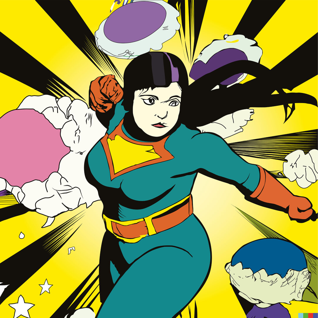The image shows a young woman wearing a tight-fitting Superwoman suit. Everything is in comic style. The suit is blue, with a yellow and red symbol reminiscent of Superman on the chest, complemented by a yellow and red belt. She has long black hair and wears a ponytail. She stands in a dynamic attacking pose with her fist clenched, ready to strike. She looks slightly past the viewer. On the black and yellow background, coloured round objects can be seen, reminiscent of satellites or planets.