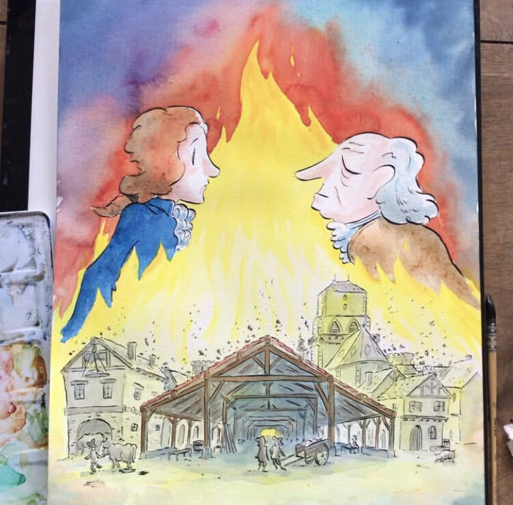 Dessin a l’aquarelle représentant une halle médiévale et deux hommes au milieu des flammes.