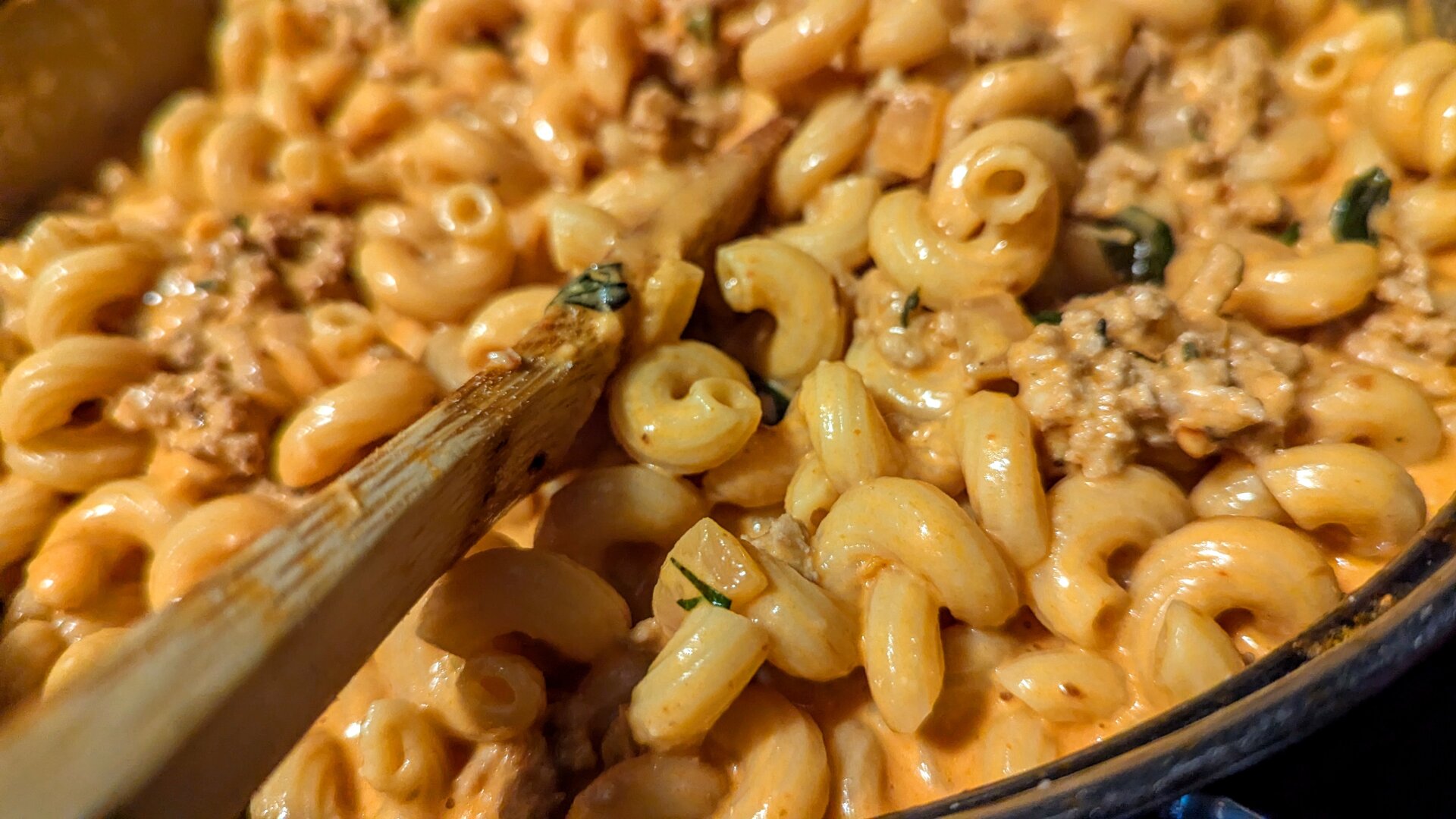 spicy vodka sauce pasta with ground turkey and fresh basil served over cavatappi