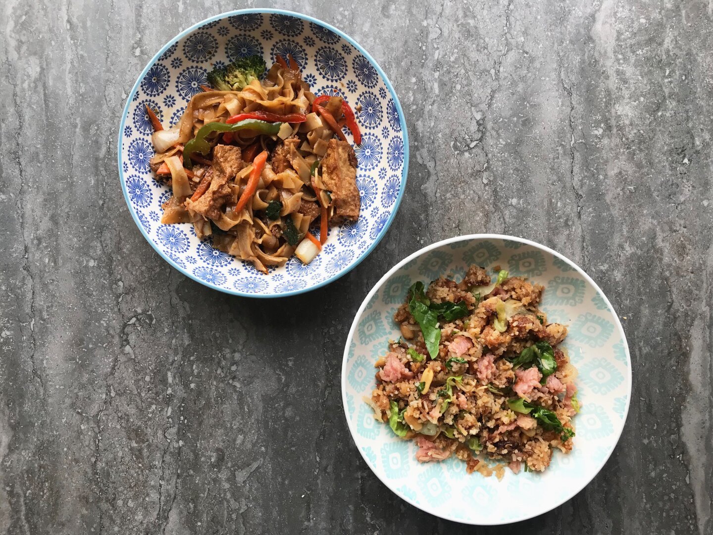 (L) Pad Kee Mao with Tofu (R) Nam Khao