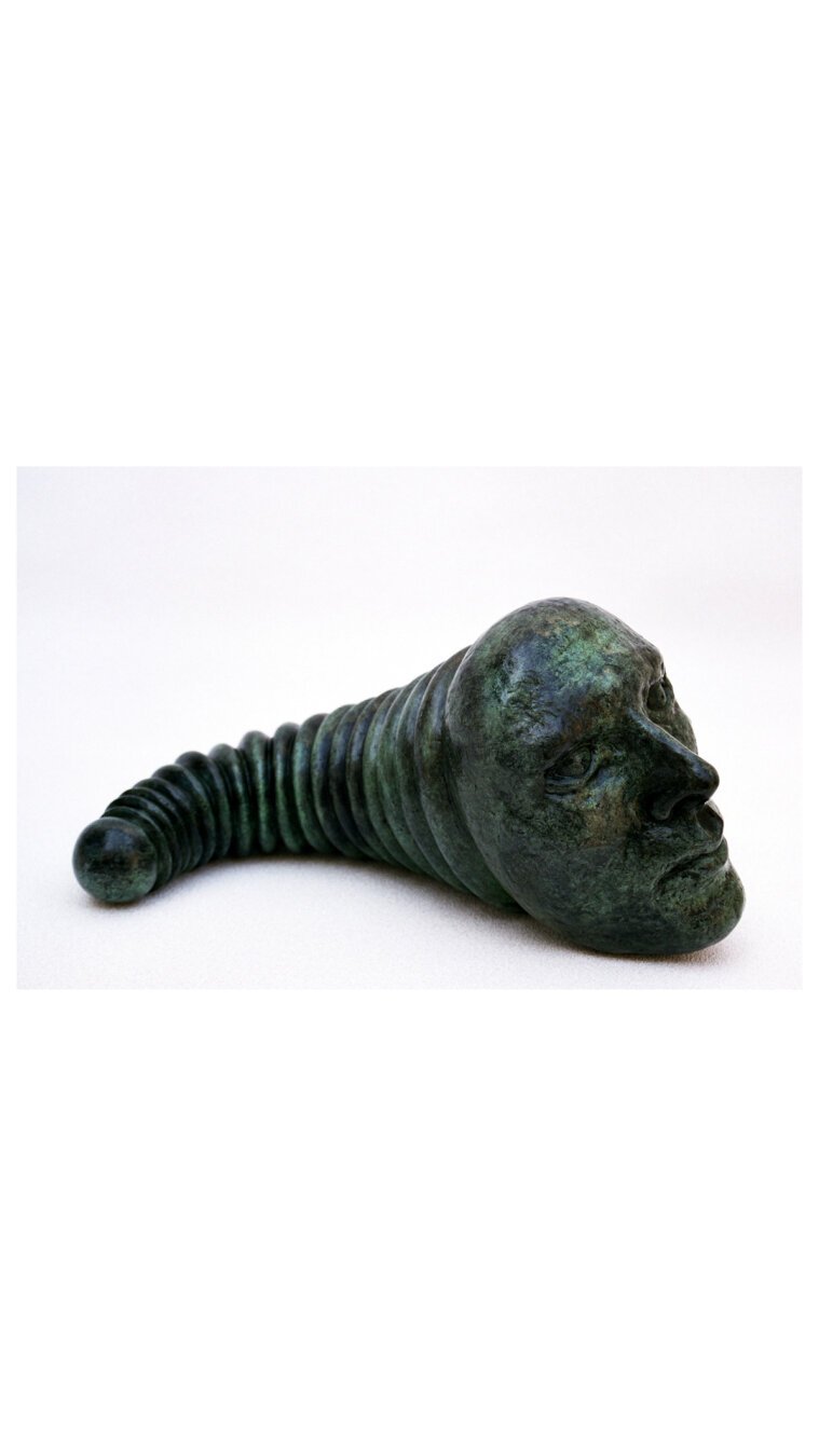Self-portrait as Worm, Bronze, 19 x 12 x 33 cm.
What is it like to be a worm, I sometimes wonder. The worm has little prestige, yet the animal makes the earth fertile and we cannot do without it.