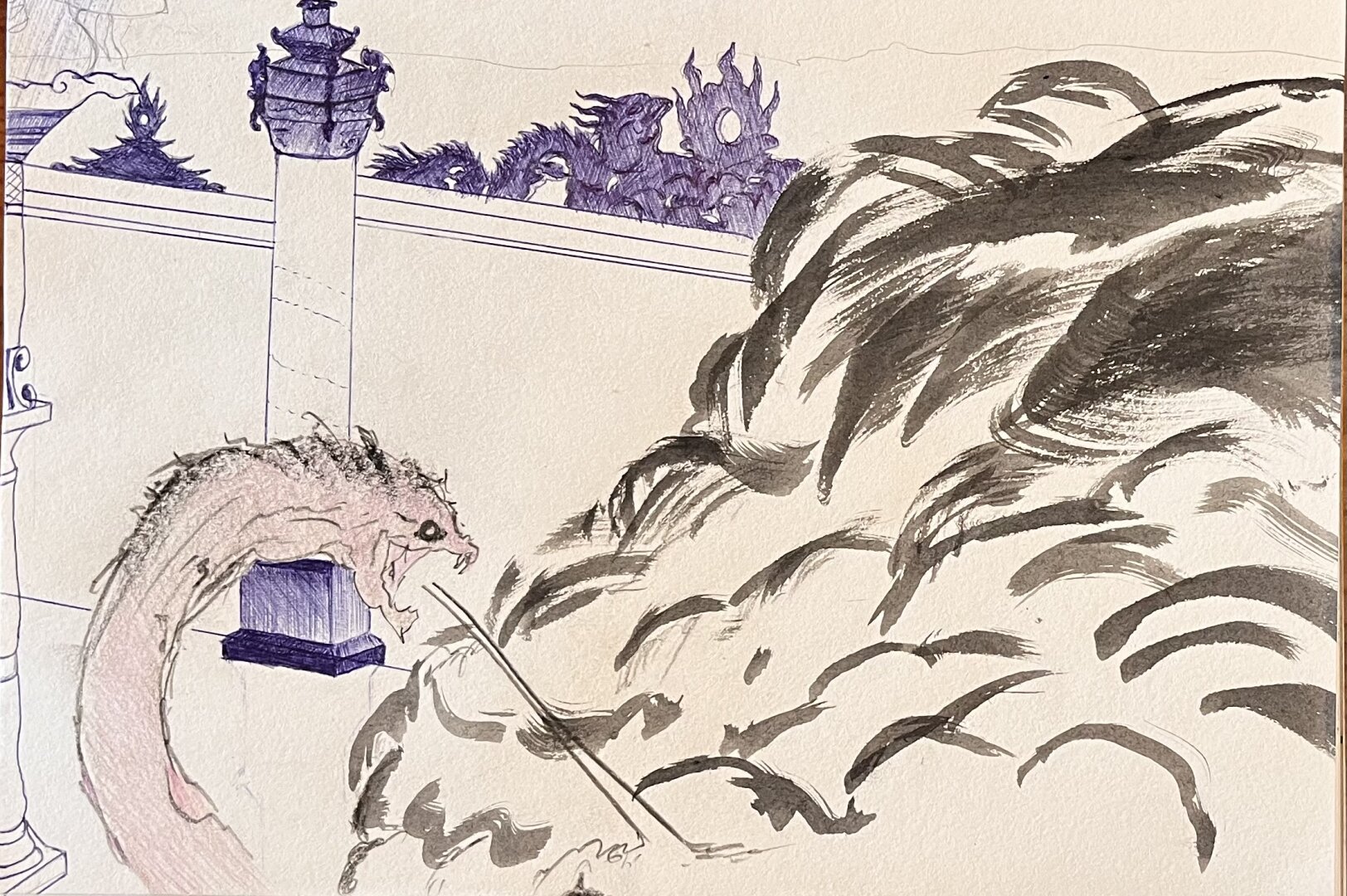 A serpent breathing fire. A large cloud of smoke