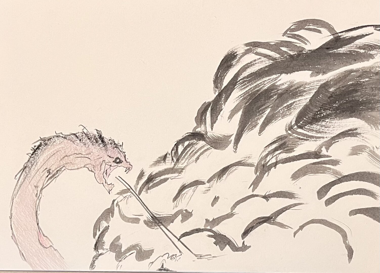 A serpent breathing fire. A large cloud of smoke