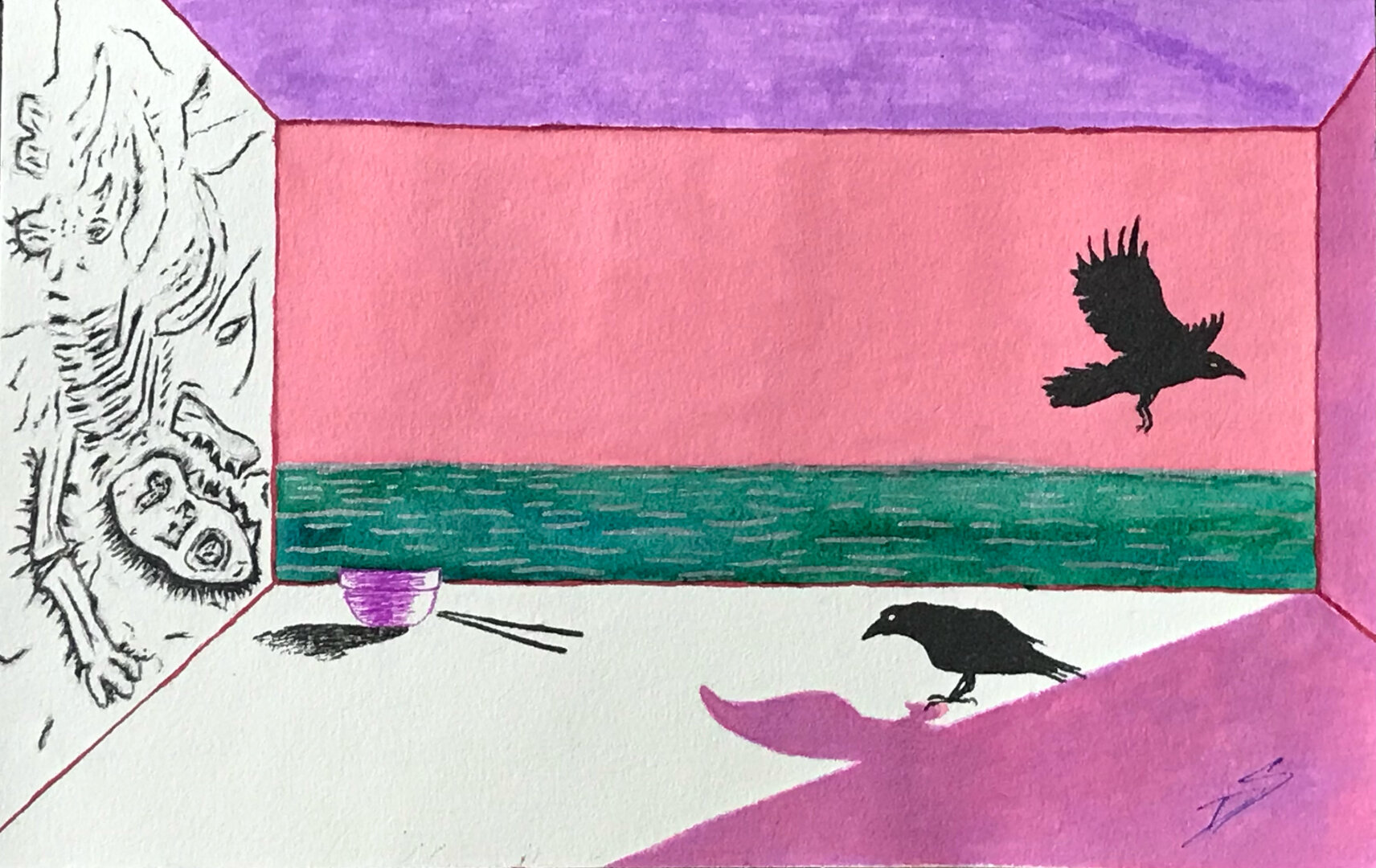 A plain room with a fossil in the wall. Two ravens, one in flight. An ocean view and a pink sky