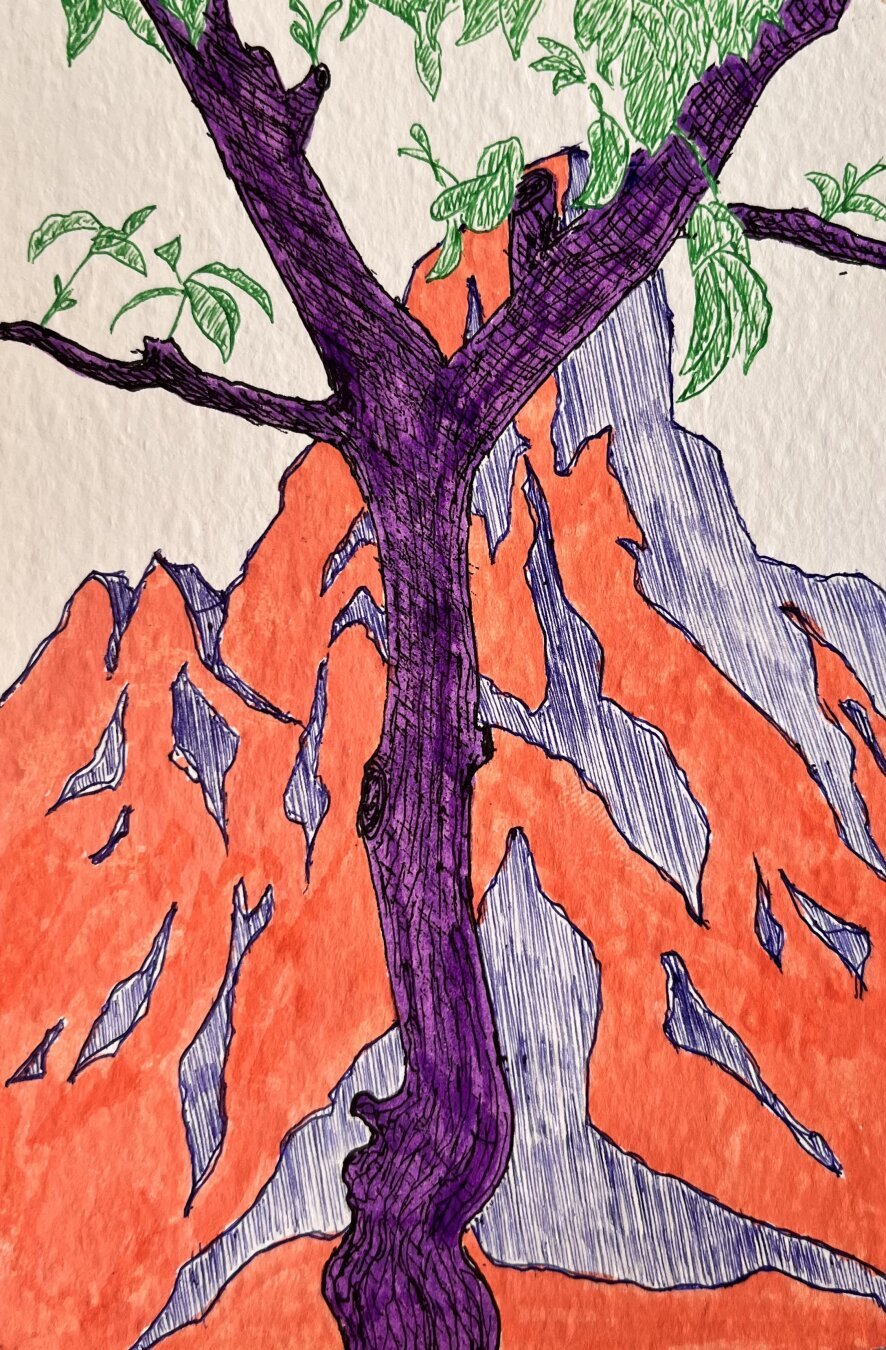 An orange and blue mountain in the background with a Purple tree in the foreground