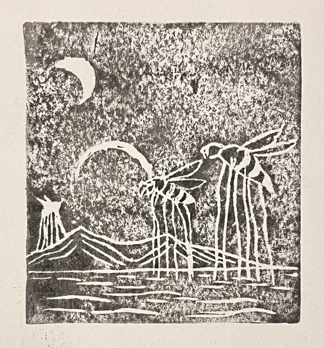 A lino print of a sea with mountains in the distance, there are bees with unnaturally long legs. There is a moon and the shape of a planet in the sky