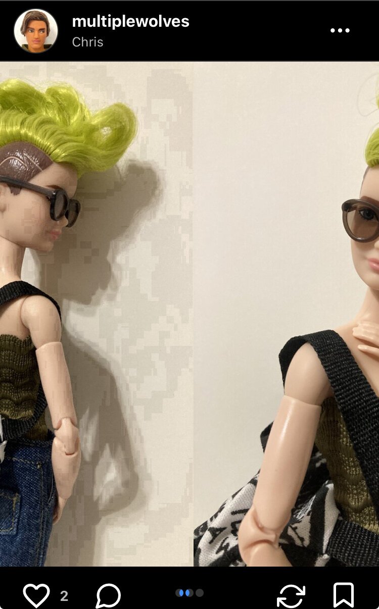 Screenshot of a post from my account, paused sliding between two images, and demonstrating by comparison how much pixelation is in the first image.