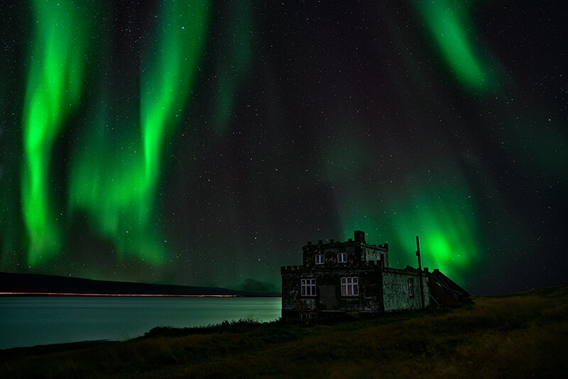 Northern lights in Arngerðareyri Kastalinn