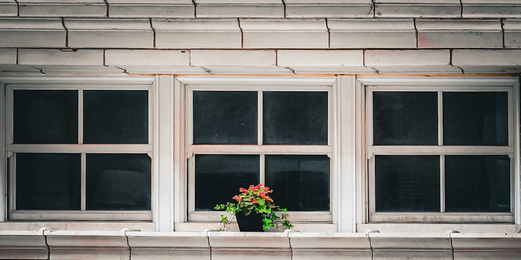 Three windows sit side by side and a pot of red flowers sits outside in front of the middle one.