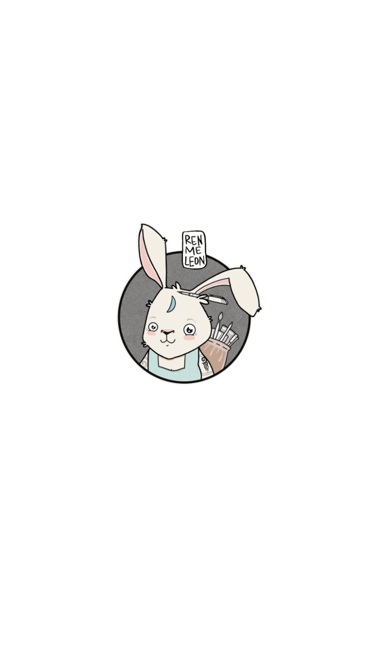 A whimsical moon rabbit portrait with a backpack on her back containing art supplies for various digital and analog mediums. The Renmeleon logo is between her ears.