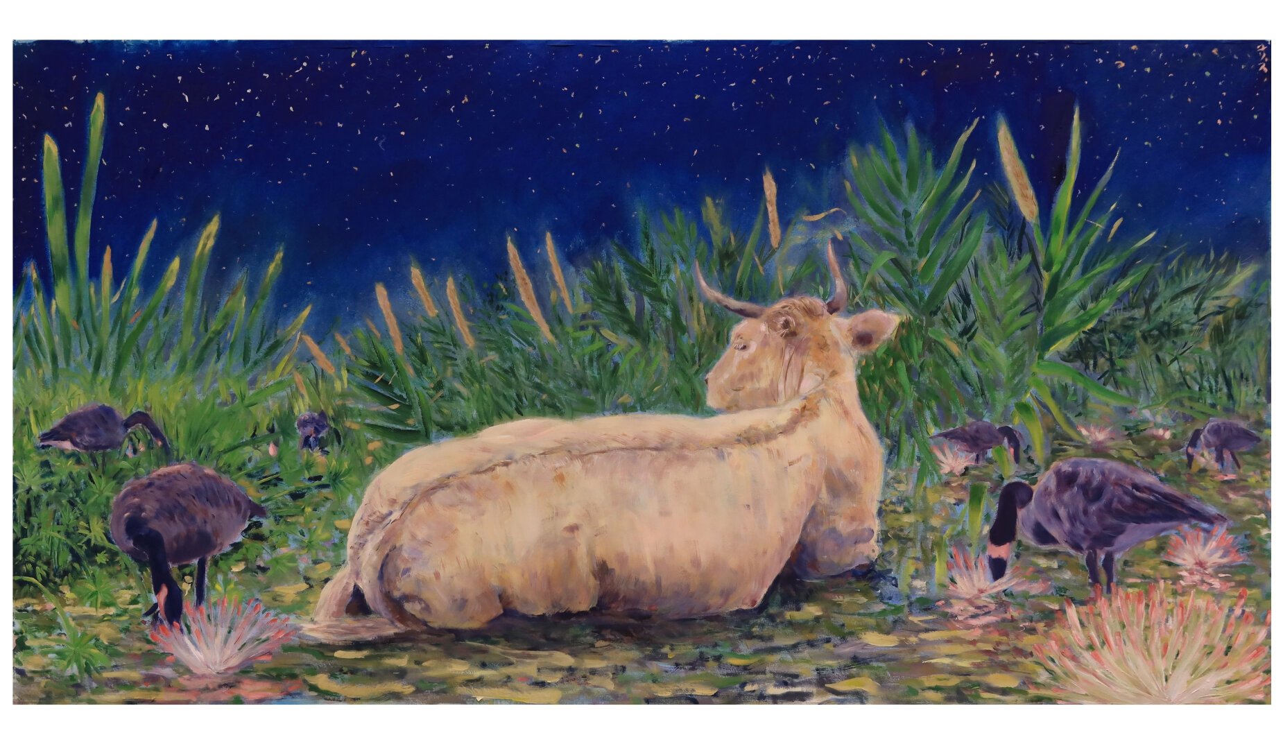 Une grande vache aux couleurs crème allongée de dos sur une étendue verte-dorée est entourée de bernaches pourpres qui picorent au milieu de fleurs d'albizia géantes. Derrière, de grandes cannes en épi s'élancent sous un ciel bleu nuit étoilé.