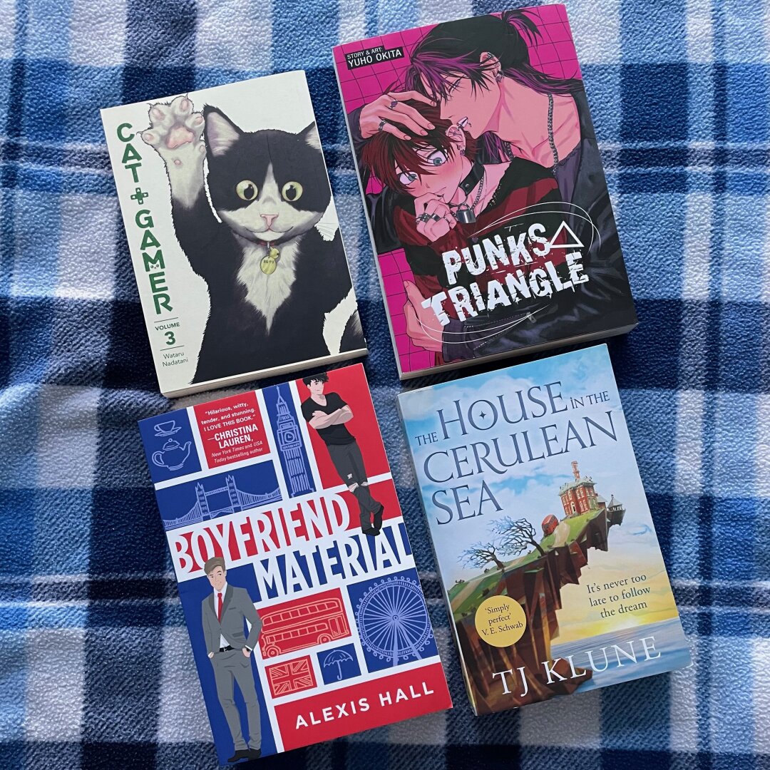 Four paperback books are shown on a blue and white blanket.